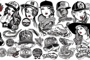 Neo-traditional pinup girl with tattoos on her that is wearing a baseball hat with and eagle and a snake on either side of her in a USA baseball looking uniform tattoo idea