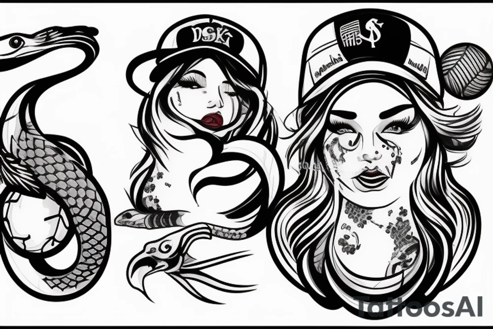 Neo-traditional pinup girl with tattoos on her that is wearing a baseball hat with and eagle and a snake on either side of her in a USA baseball looking uniform tattoo idea