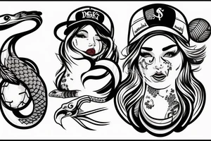Neo-traditional pinup girl with tattoos on her that is wearing a baseball hat with and eagle and a snake on either side of her in a USA baseball looking uniform tattoo idea
