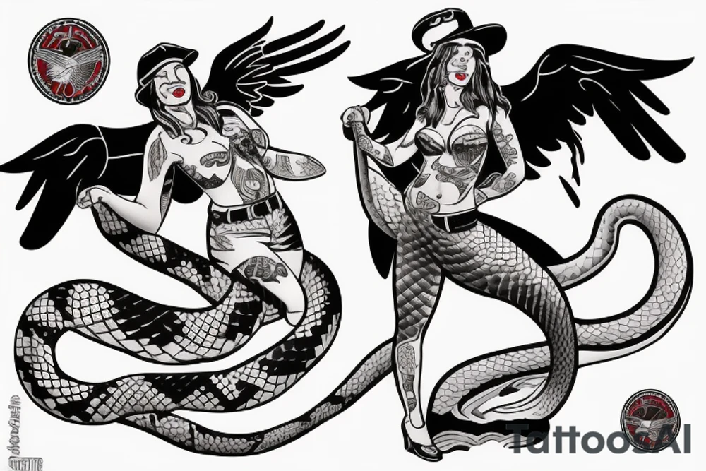 Neo-traditional pinup girl with tattoos on her twith and eagle and a snake fighting around her in a USA baseball looking uniform with a hat on tattoo idea