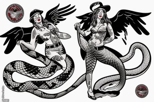 Neo-traditional pinup girl with tattoos on her twith and eagle and a snake fighting around her in a USA baseball looking uniform with a hat on tattoo idea
