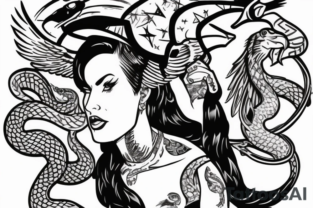 Neo-traditional pinup girl with tattoos on her twith and eagle and a snake fighting around her in a USA baseball looking uniform with a hat on tattoo idea