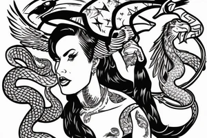 Neo-traditional pinup girl with tattoos on her twith and eagle and a snake fighting around her in a USA baseball looking uniform with a hat on tattoo idea