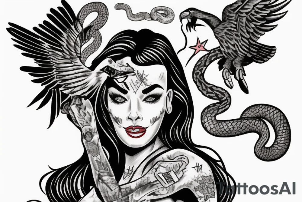 pinup girl with tattoos on her with and eagle and a snake fighting around her in a USA baseball uniform with a hat on tattoo idea