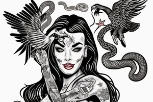 pinup girl with tattoos on her with and eagle and a snake fighting around her in a USA baseball uniform with a hat on tattoo idea