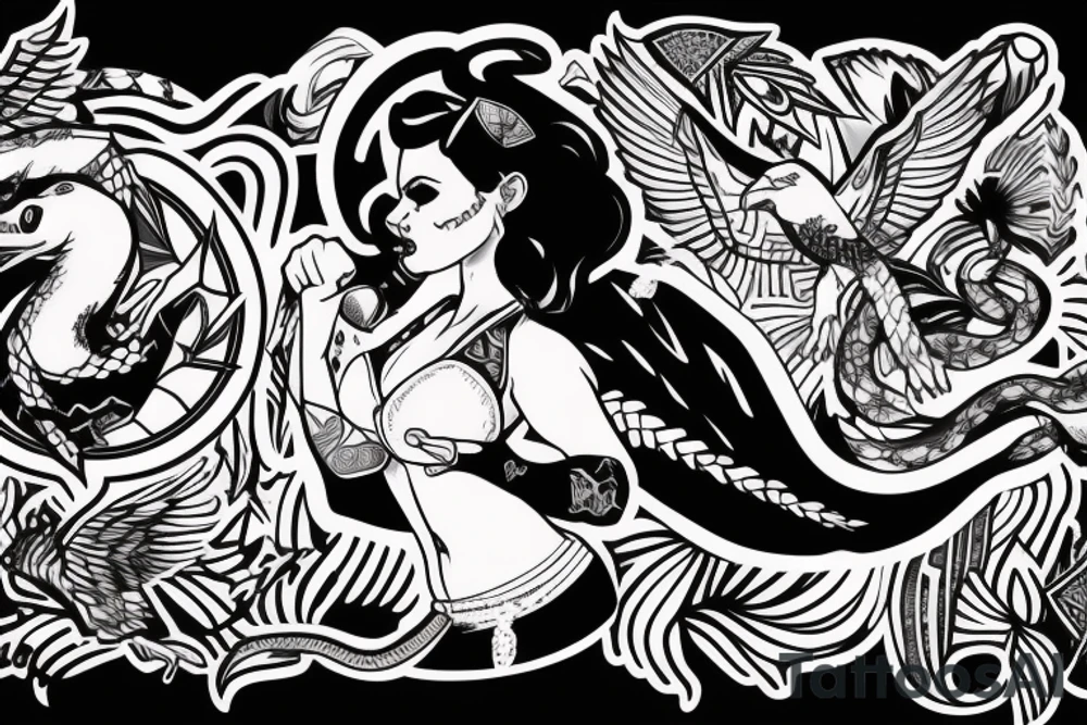 pinup girl with tattoos on her with and eagle and a snake fighting around her in a USA baseball uniform with a hat on tattoo idea