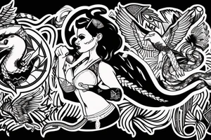 pinup girl with tattoos on her with and eagle and a snake fighting around her in a USA baseball uniform with a hat on tattoo idea