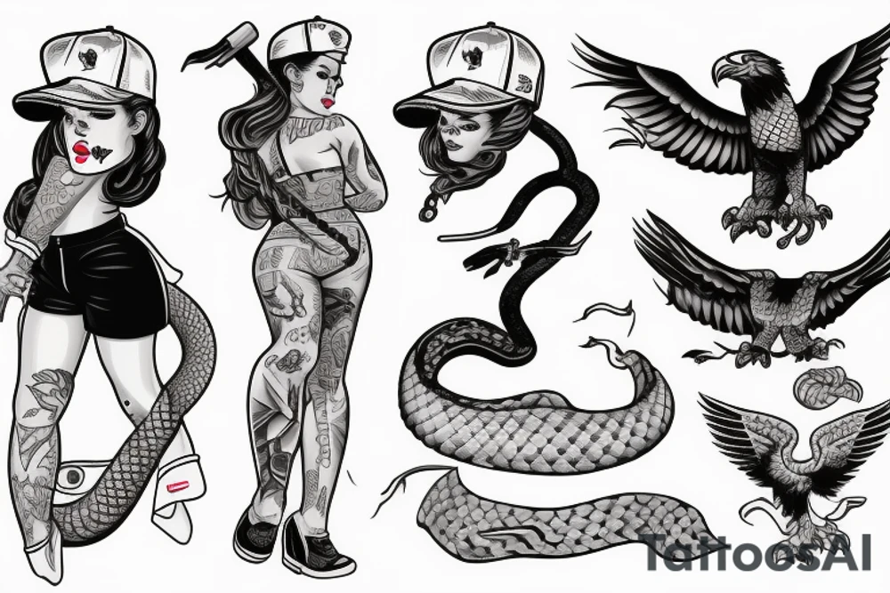 pinup girl with tattoos on her with and eagle and a snake fighting around her in a USA baseball uniform with a hat on tattoo idea