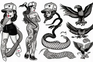 pinup girl with tattoos on her with and eagle and a snake fighting around her in a USA baseball uniform with a hat on tattoo idea