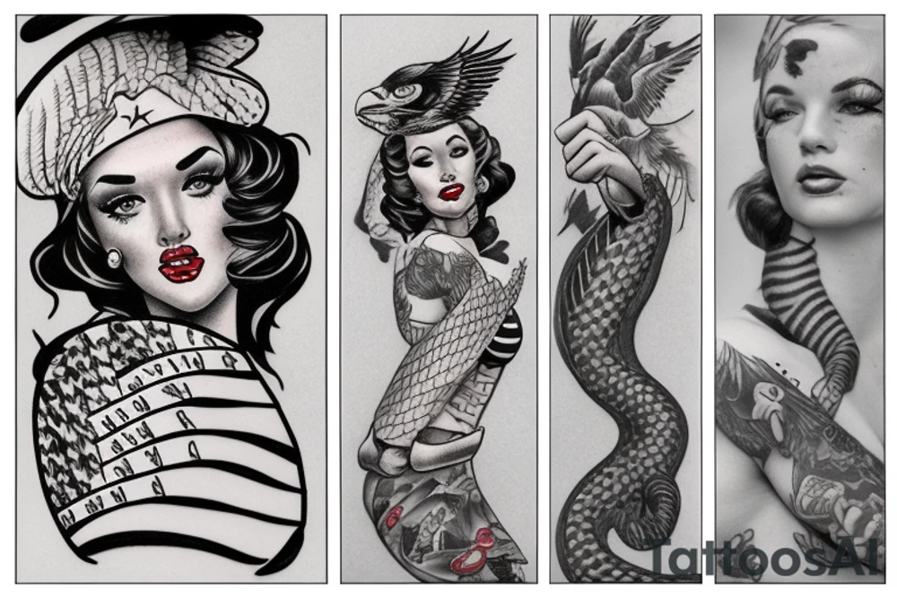 pinup girl with tattoos on her with and eagle and a snake fighting around her in a USA baseball uniform with a hat on tattoo idea