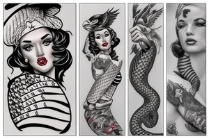 pinup girl with tattoos on her with and eagle and a snake fighting around her in a USA baseball uniform with a hat on tattoo idea