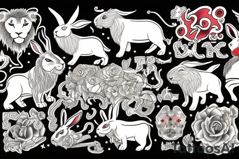 two bulls, a lion and a rabbit tattoo idea