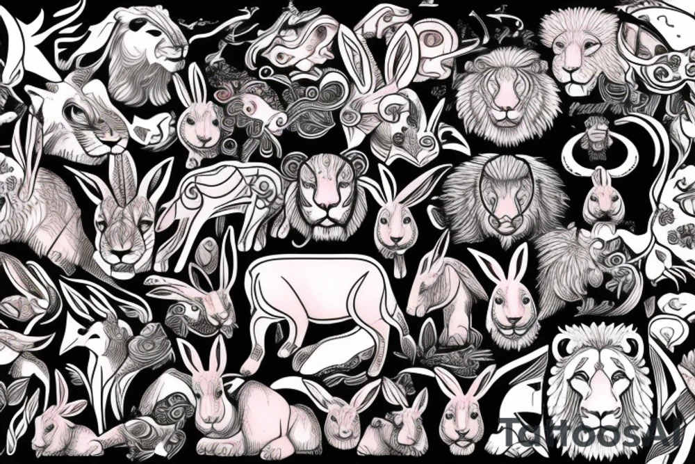 two bulls, a lion and a rabbit tattoo idea