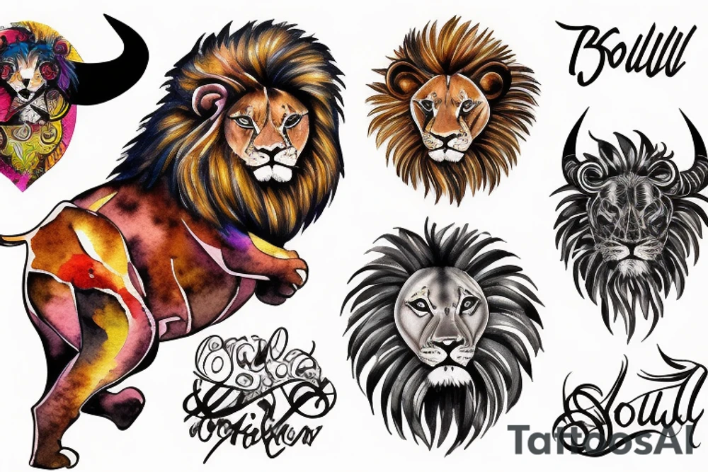 bull fights lion tattoo idea