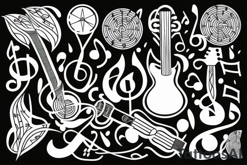 guitar with musical notes and plants tattoo idea