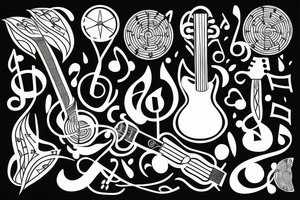 guitar with musical notes and plants tattoo idea