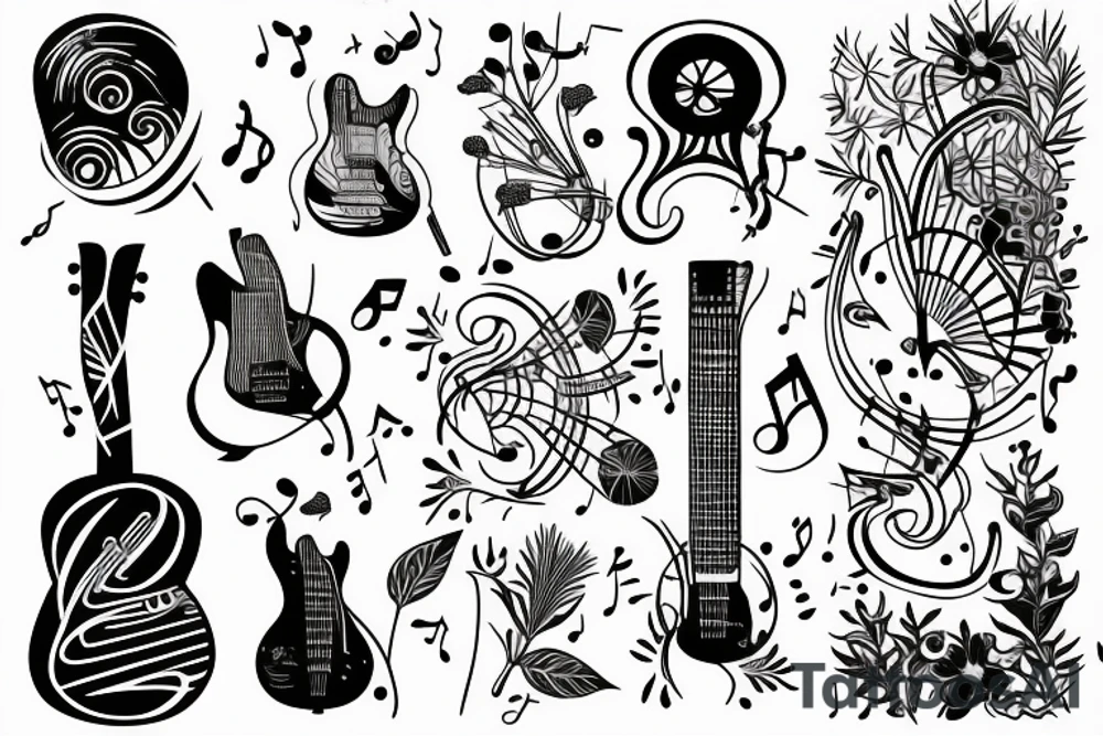 guitar with musical notes and plants tattoo idea