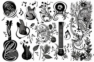 guitar with musical notes and plants tattoo idea