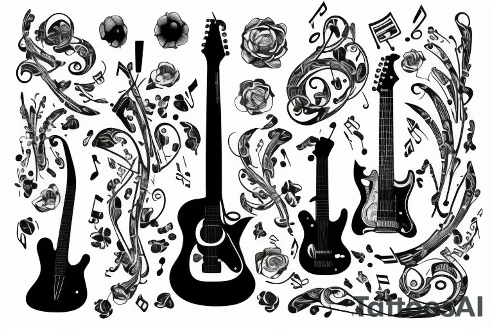 guitar with musical notes and plants tattoo idea