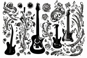 guitar with musical notes and plants tattoo idea