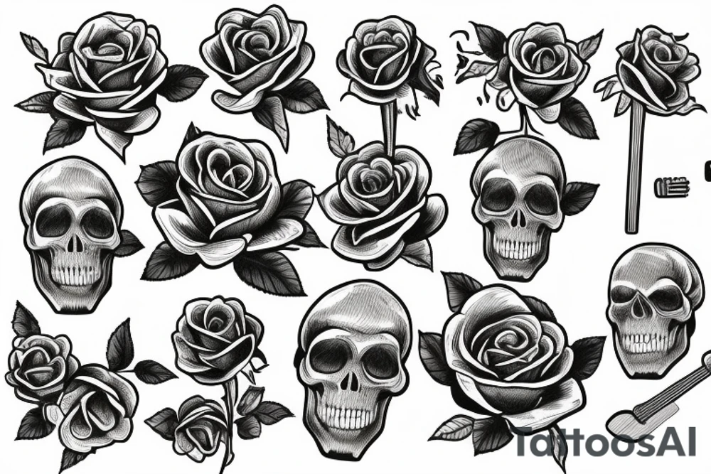 skull rose guitar flowers tattoo idea