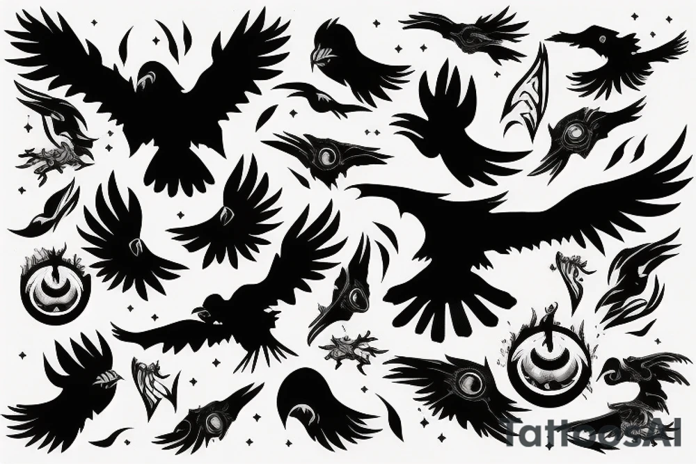 fierce raven with glowing eyes above moonlight with smoke, fire and wind tattoo idea