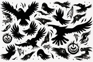 fierce raven with glowing eyes above moonlight with smoke, fire and wind tattoo idea