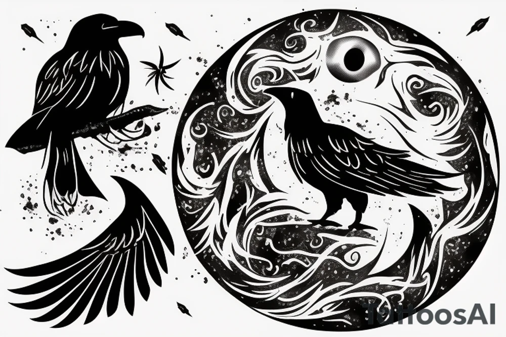 fierce raven with glowing eyes above moonlight with smoke, fire and wind tattoo idea