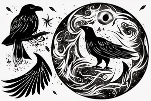 fierce raven with glowing eyes above moonlight with smoke, fire and wind tattoo idea