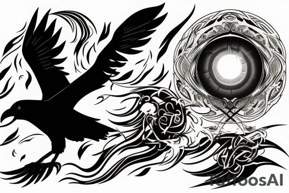 fierce raven with glowing eyes above moonlight with smoke, fire and wind tattoo idea