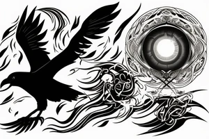 fierce raven with glowing eyes above moonlight with smoke, fire and wind tattoo idea