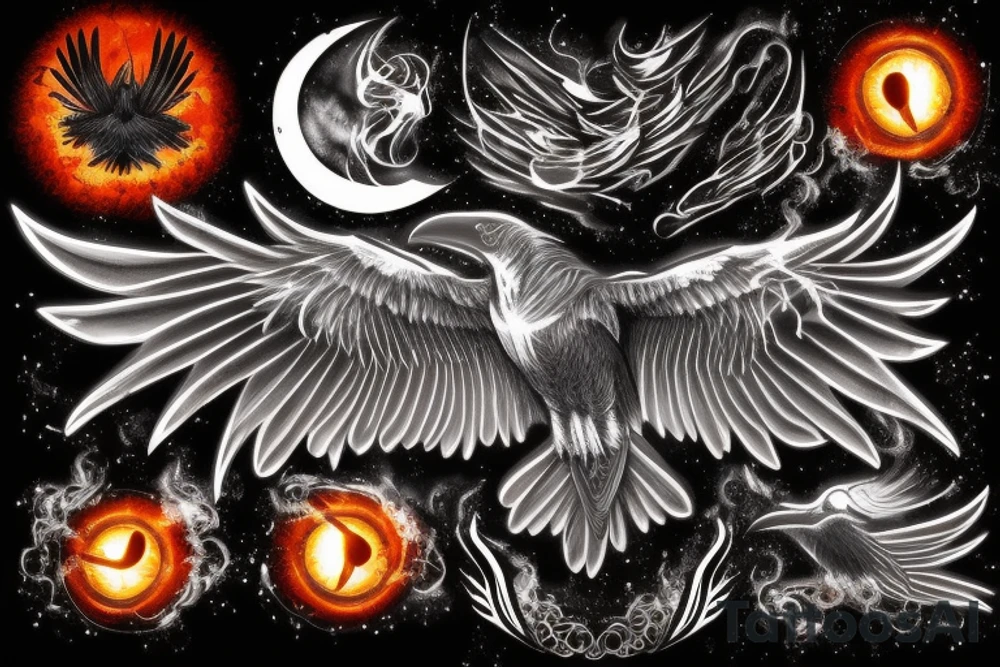 fierce raven with glowing eyes above moonlight with smoke, fire and wind tattoo idea