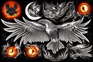 fierce raven with glowing eyes above moonlight with smoke, fire and wind tattoo idea