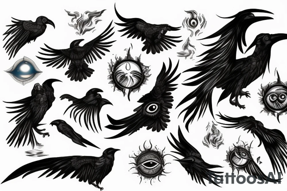 fierce raven with glowing eyes above moonlight with smoke, fire and wind tattoo idea