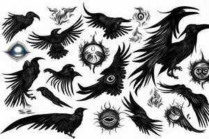 fierce raven with glowing eyes above moonlight with smoke, fire and wind tattoo idea