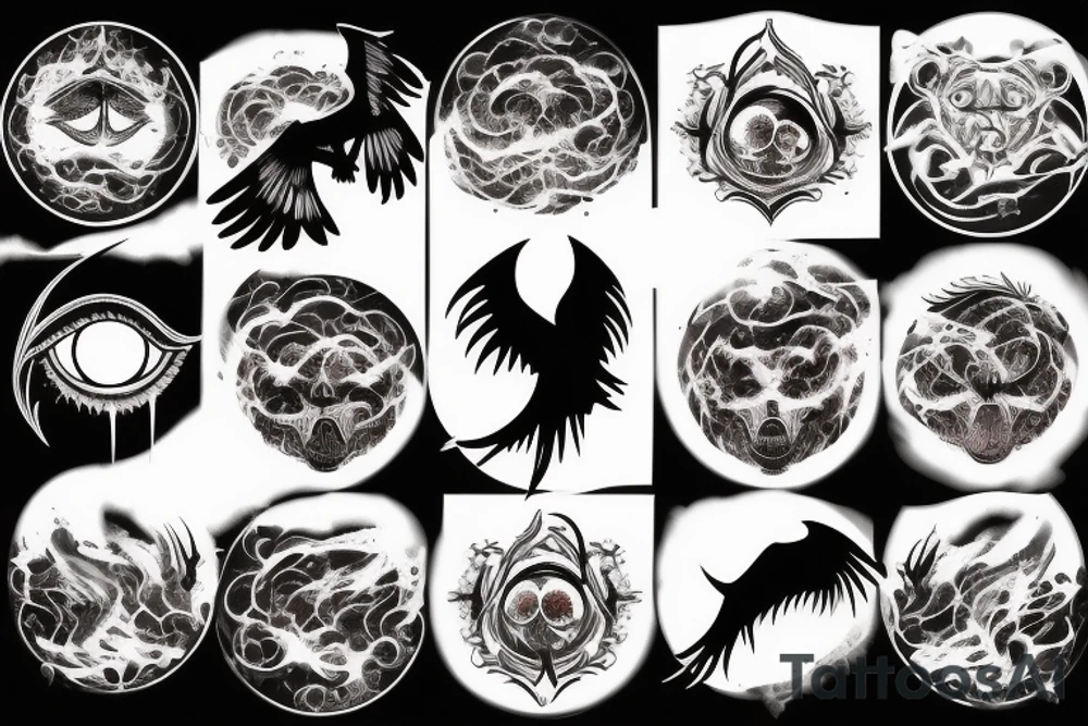 fierce raven with glowing eyes above moonlight with smoke, fire and wind tattoo idea
