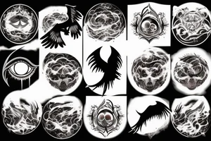 fierce raven with glowing eyes above moonlight with smoke, fire and wind tattoo idea