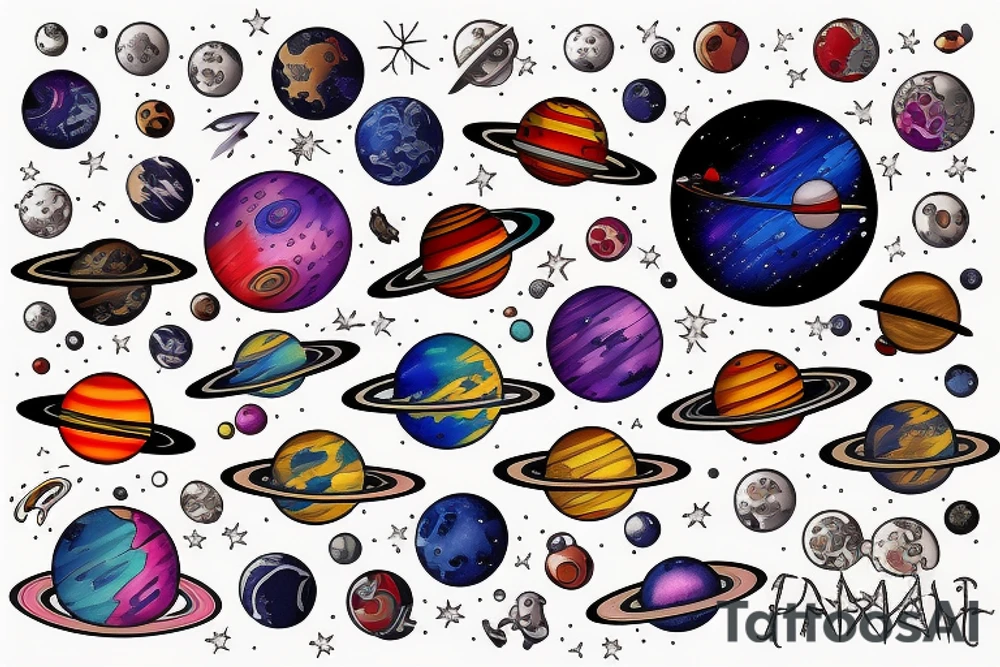 Colorful outer space with planets tattoo idea
