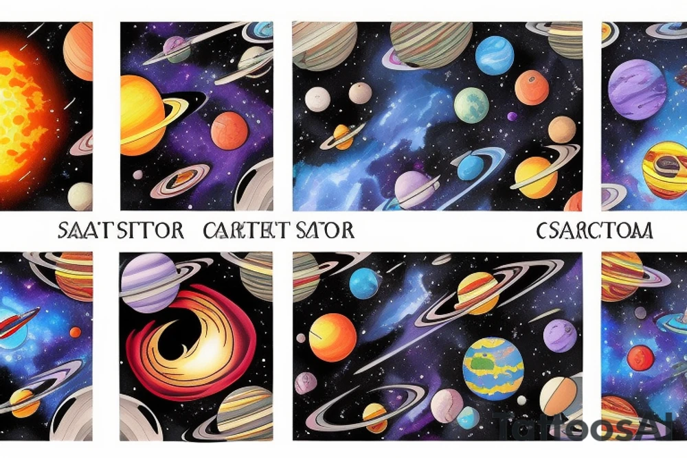 Colorful outer space with planets tattoo idea