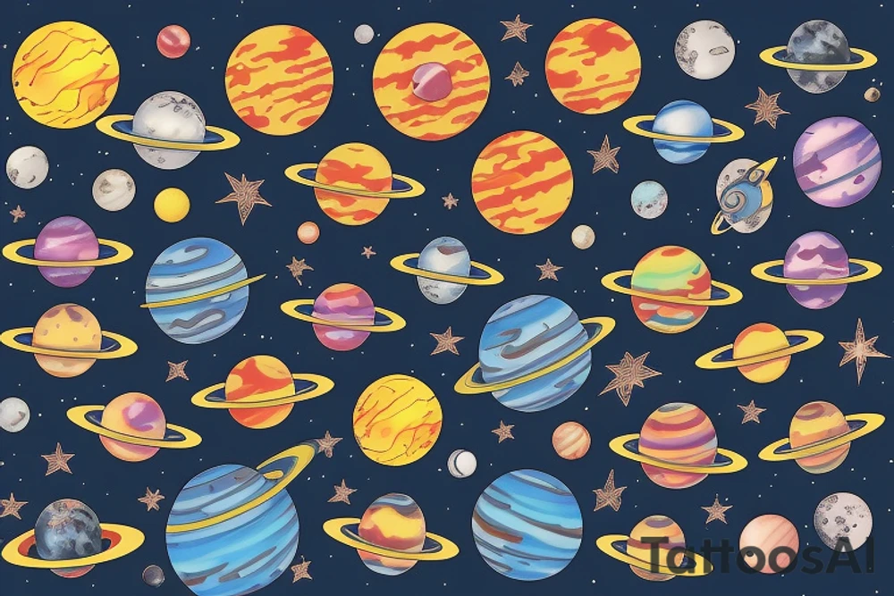 Colorful outer space with planets tattoo idea