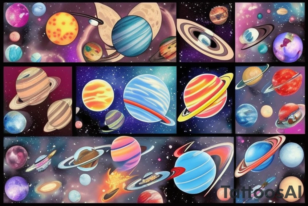 Colorful outer space with planets tattoo idea