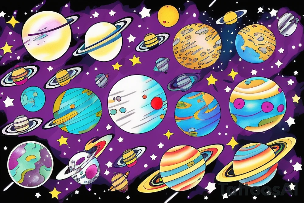 Colorful outer space with planets tattoo idea