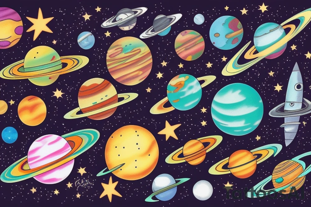 Colorful outer space with planets tattoo idea