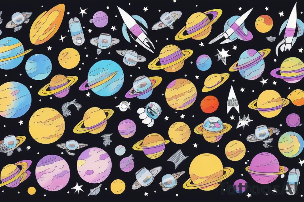 Colorful outer space with planet tattoo idea