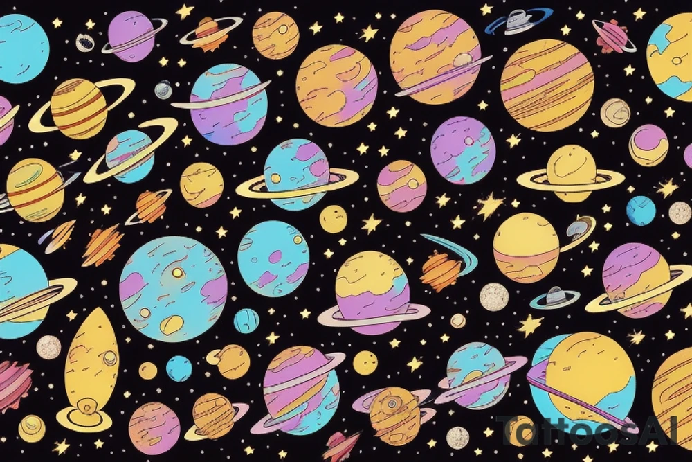 Colorful outer space with planet tattoo idea