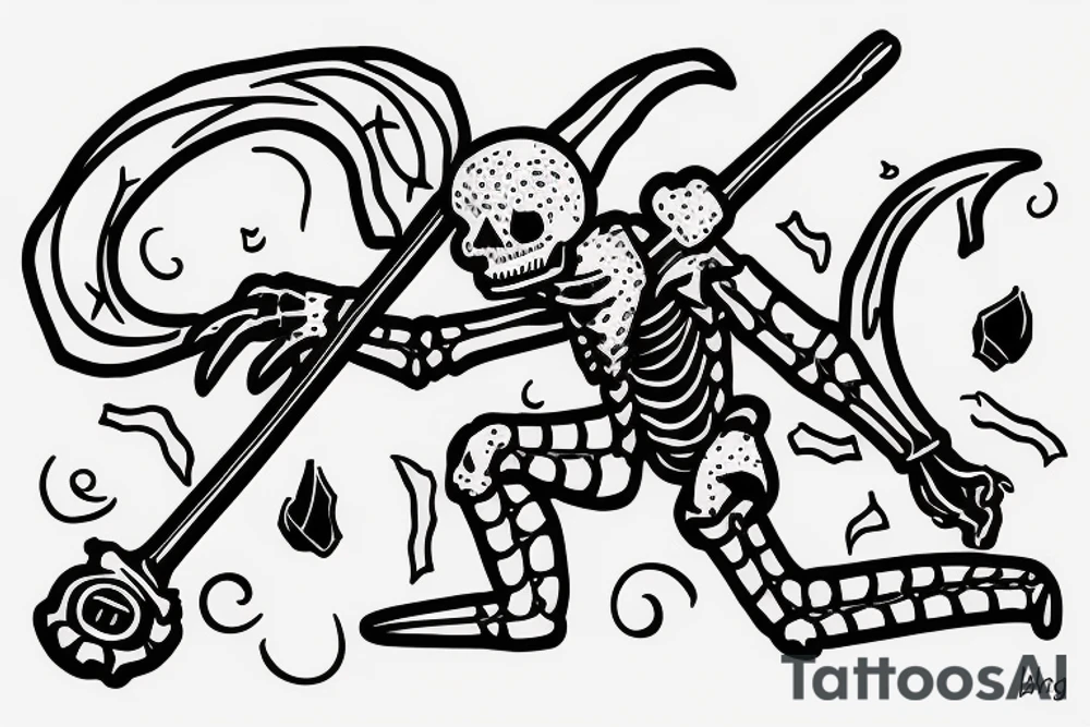 jester skeleton dragging a scythe behind him tattoo idea