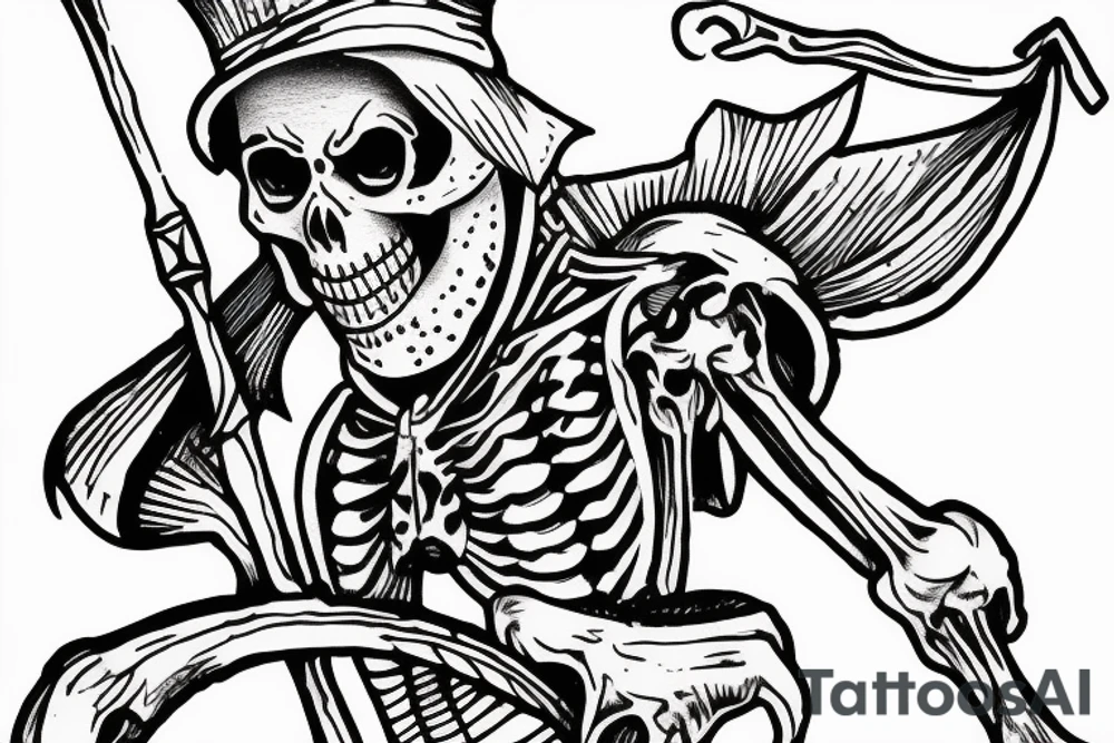 jester skeleton dragging a scythe behind him tattoo idea