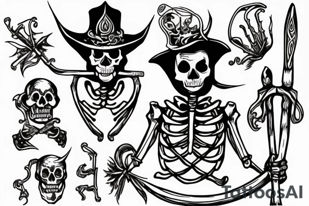 jester skeleton dragging a scythe behind him tattoo idea