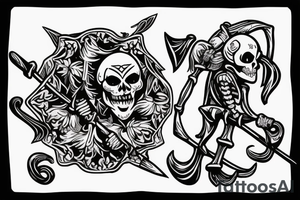 jester skeleton dragging a scythe behind him tattoo idea