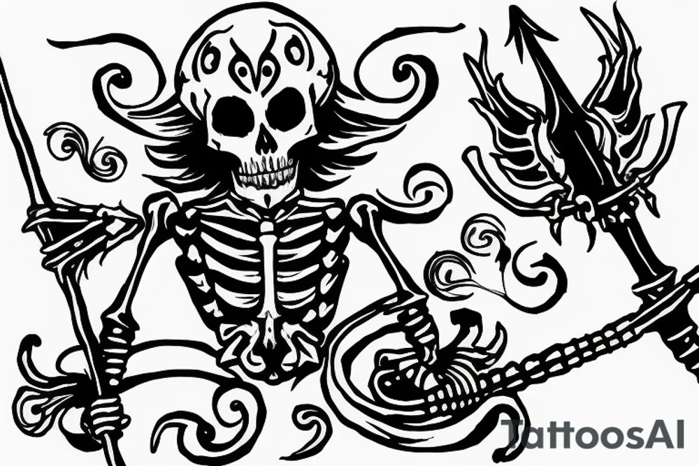 jester skeleton dragging a scythe behind him tattoo idea